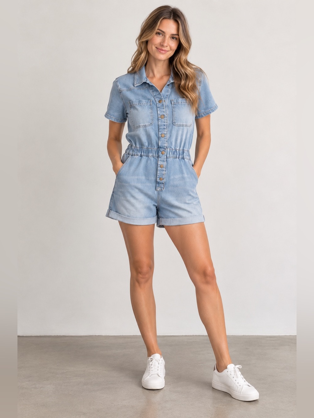 Celebrity Pink Light Wash Denim Utility Romper Size L